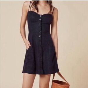 REFORMATION Amery navy linen dress sweetheart mini 2 XS pockets